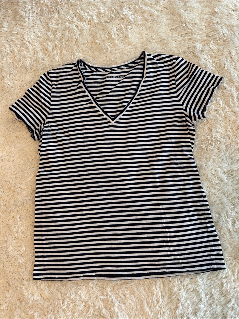 Everlane Black and White Striped V-Neck Short Sleeve Tee
